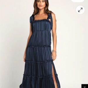 Lulus Day for Romance Navy Blue Tie-Strap Tiered Midi Dress